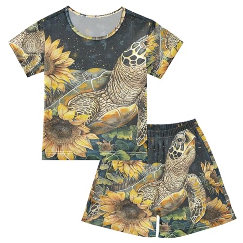 ALAZA Turtle and Sunflowers Pajama Set Short Sleeve Sleepwear Soft Lounge Nightwear