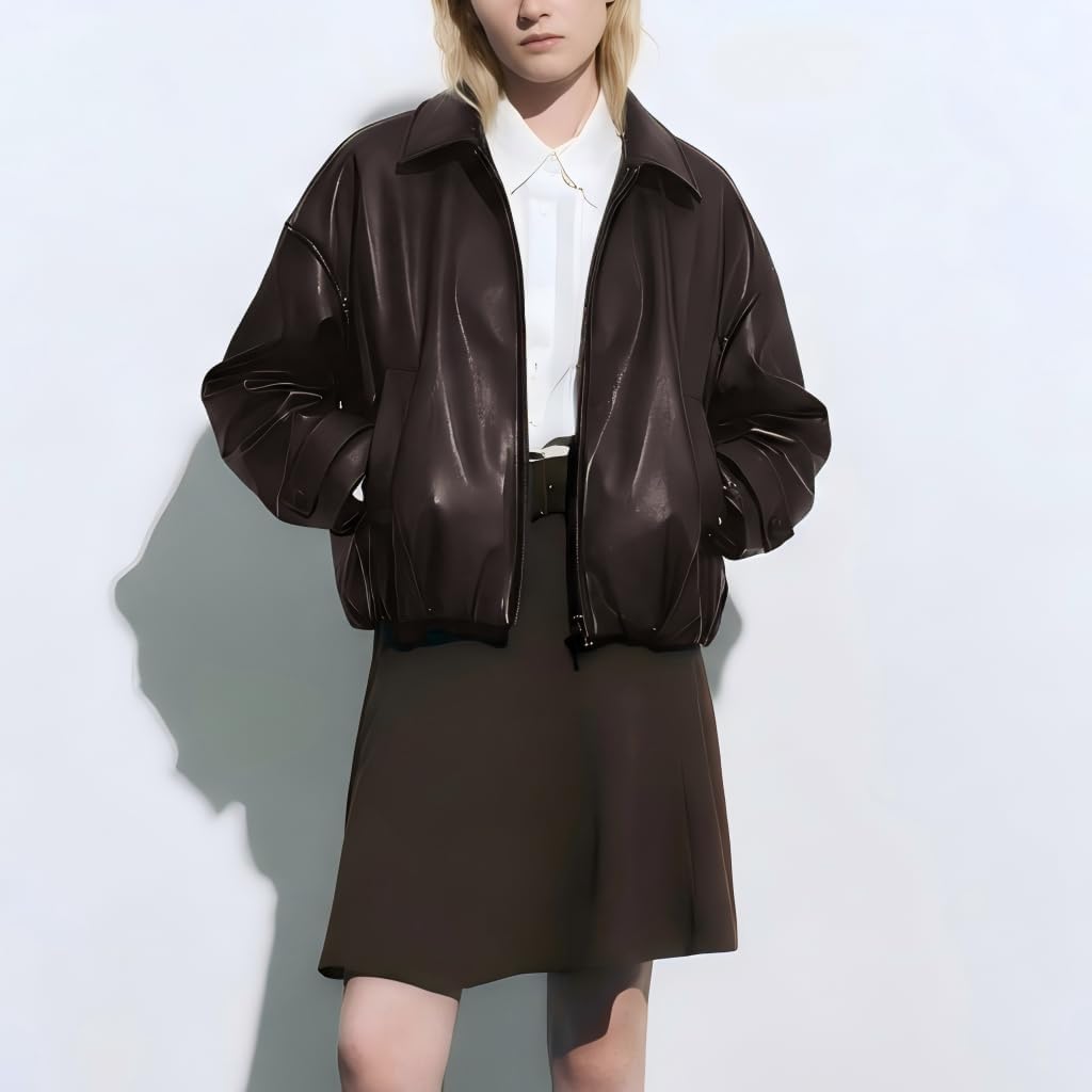 Oversized Faux Leather Bomber Jacket for Women – Zip-Up Aviator Flight Coat, Relaxed Fit Streetwear Outerwear - Image 2