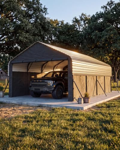 Image of GarveeLife 12x20x9 ft Metal Carport, Enclosed Car Ports | Removable 220 g Tarp / Gable End Doors and Sidewalls, for Full-Size Pickup Trucks, Bass Boats, and Tractors