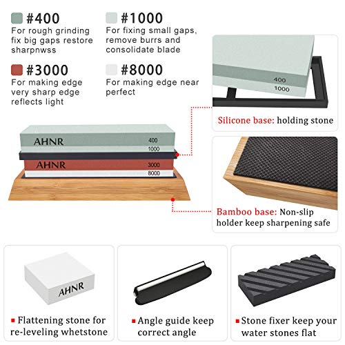 Whetstone Knife Sharpening Stone Set - 4 Side Grit 400/1000 and 3000/8000 Waterstone, Whetstone Sharpener Stone Set Includes NonSlip Bamboo Base, Flattening Stone & Angle Guide