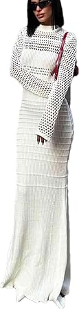 Fishtail Knitted Dress Womens Sexy Hollow Tight Hip Wrap Sweater Dress Long-Sleeved Solid Color Bodycon Dress
