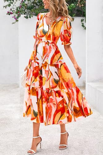 Image of Okiwam Womens Summer Dresses 2026 Spring Casual Floral Short Sleeve Ruffle Flowy Midi Dress Boho Beach Vacation Sundress