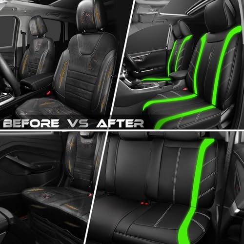 Image of CAR PASS Luxury Faux Leather Seat Covers Full Set, Breathable Sporty Premium Leather Auto Seat Covers Waterproof Anti Slip Universal Fit for 95% Trucks SUV Sedans Van, Black and Fluorescent Green