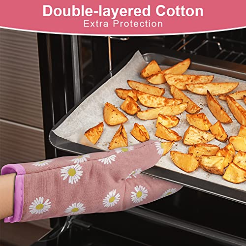 Miniatura 3 de Auauy 1 Par Manoplas Horno, Algodón Antideslizante Cotton Guantes Cocina, Oven Gloves Resistente Al Calor Para Hornear Cocinar Barbacoa Microondas Con 2 Manteles Aislados Rosa