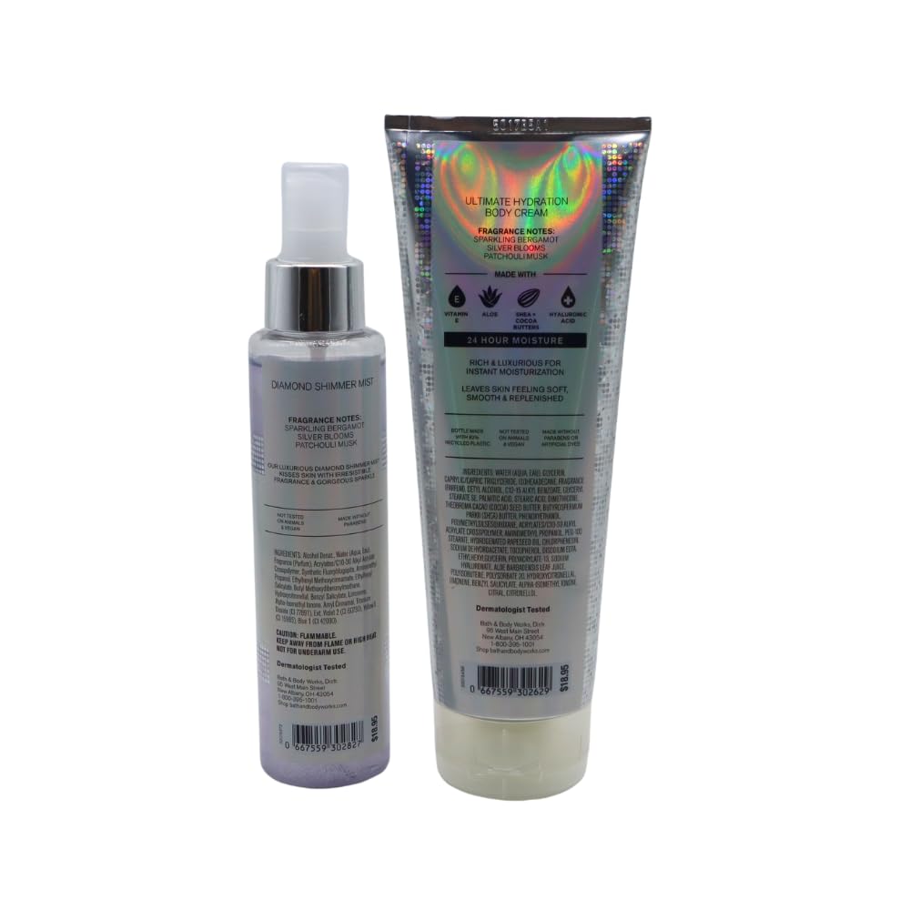 Bath & Body Works PLATINUM Diamond Shimmer Mist & Ultimate Hydration Body Cream 2pc bundle with a Blue Bow for Holidays & Gifts