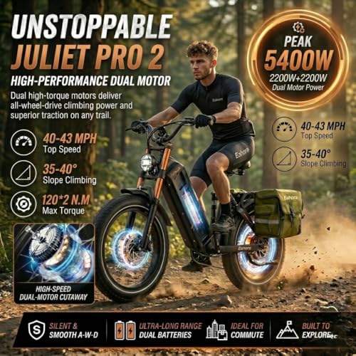 Image of 2026 Eahora 5400W Juliet Pro 2 Electric Bike for Adults 43MPH Dual Motor 70Ah Ebike 200Miles Long Range Electric Bicycle, 20'' Fat Tire Full Suspension Electric Mountain Bike for Commuting /Delivery