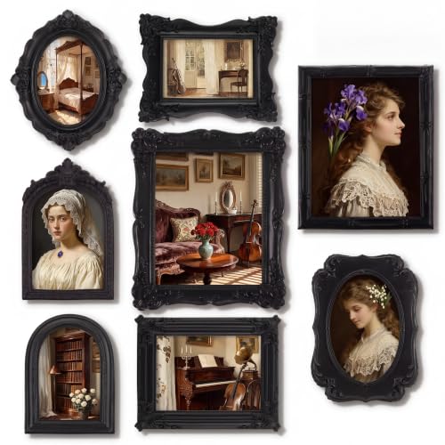 Lineshading 8 Pcs Gothic Picture Vintage Gallery Wall Frame Set 8x10 5x7 & 4x6 Antique Black Ornate Resin Picture Frame Collage Gothic Home Decor for Wall Tabletop Display for Bedroom
