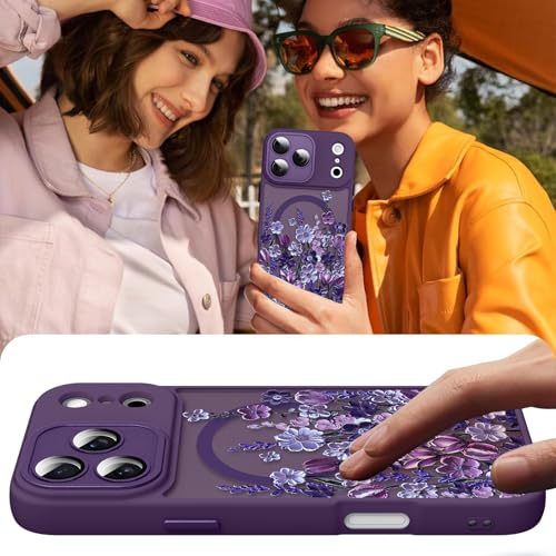 Image of Magnetic for iPhone 17 Pro Case [Compatible with MagSafe] Pretty Oil Painting Floral Flower Pattern Design, Shockproof Slim Translucent Matte Cover for Women Girls, Dark Purple