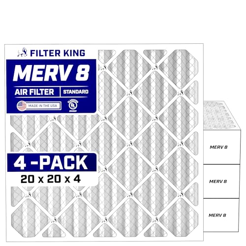 Filter King 20x20x4 Air Filter (MERV 8) (4-Pack) Dust & Allergy Control AC Furnace Filters, MADE IN USA, HVAC, Pleated, Electrostatic (Actual Size: 19.5 x 19.5 x 3.75)