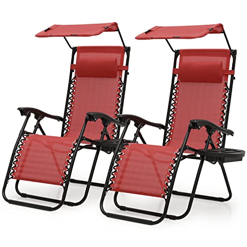 Monibloom Stable Aluminum Lounge Beach Chair With Sun Shade And Pillow For Beach Pool Sports Yard Patio, 330Lbs Capacity- 2 Pack Maroon #TOP4