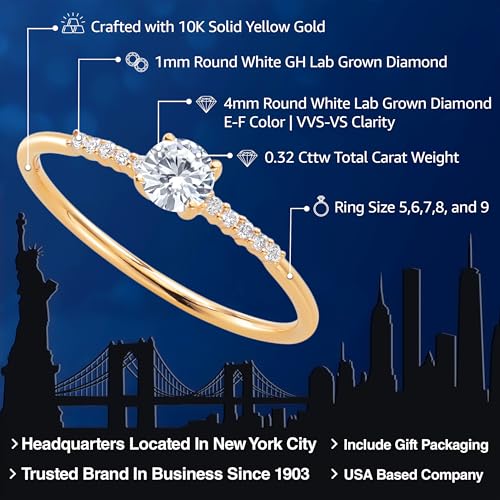 Gem Stone King 10K Yellow Gold 4MM Round Gemstone Birthstone and White Lab Grown Diamond Engagement Ring | Wedding Anniversary Promise Gold Ring For Women | Available In Size 5, 6, 7, 8, 92
