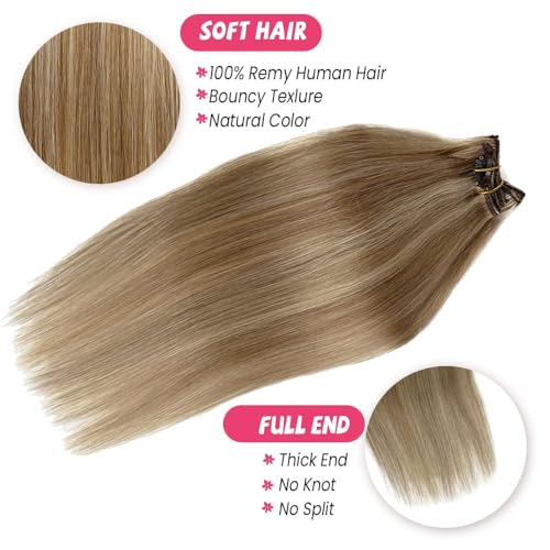 Image of Clip in Hair Extensions Human Hair Light Blonde Mix Golden Blonde Highlights Real Human Hair Extension 12Inch 7pcs 70g Straight Silky Blonde Clip ins for Women