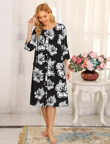 Image of Bloggerlove House Dress Women Cotton Snap Front Nightgown 3 /4 Sleeve Housecoat Duster Robe with Pockets Moomoo Patio Dress