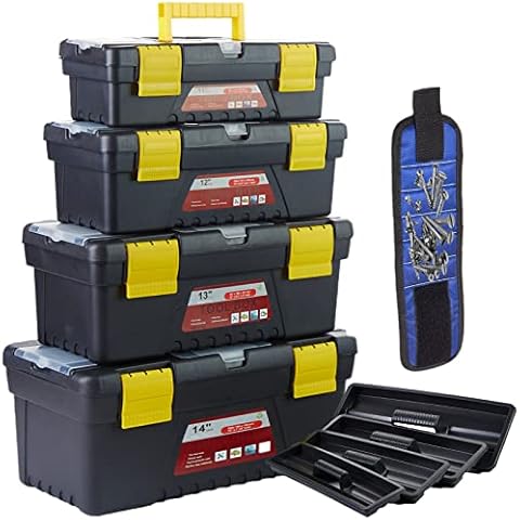 4-Piece Multifunctional Portable Storage Toolbox With Built-In Security Latch,Tray And Magnetic Wristband,Suitable For Home And Professional Repairers. (Size: 11"&12"&13"&14") Cover