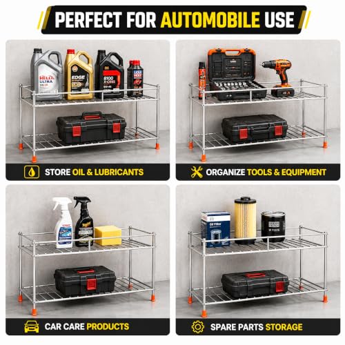 Image of GLUN Heavy-Duty 2-Tier Automotive Storage Rack, Metal Garage Organiser Shelf for Car Tools, Spare Parts, Cleaning Supplies & Workshop Utility Stand, Rust-Resistant Multi-Purpose Storage Accessories