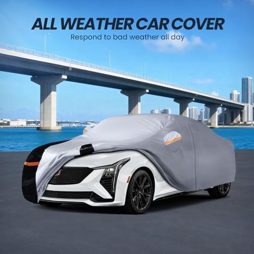 Image of Multi-Layer Car Cover Custom Fit for Cadillac CT5(2019-2026), 100% Waterproof All Weather for Automobiles, Gift with Towel, Heavy Duty Car Covers for Rain Sun UV Protection with Door Zipper