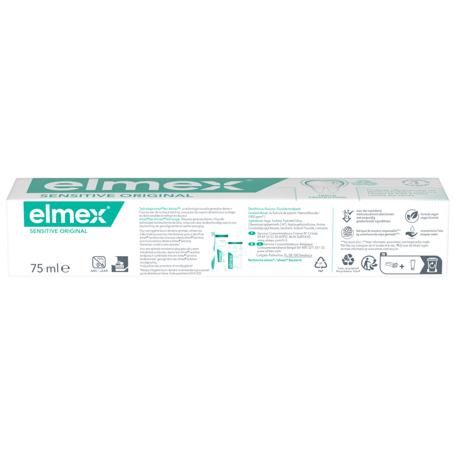 ELMEX - Pâte Dentifrice Elmex Sensitive Haleine Fraîche 0% Colorants - Dents Sensibles, Gencives Douloureuses, Protection de l'Email - 10 x 75 ml