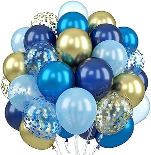 Blue and White Balloons, 60 Pack Pearl Light Blue White Latex Party Balloon with Metallic Blue Silver Confetti Balloons, White Silver Blue Balloons Set for Birthday Baby Shower Christening Decorations