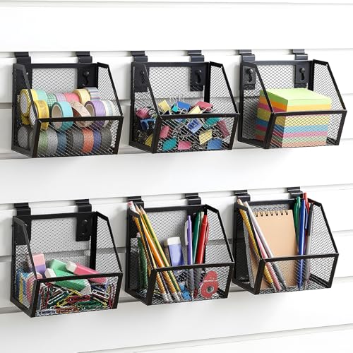Acellegic 6 Set Slatwall Bins with Metal Hooks Mesh Slat Wall Mounted Hanging Holder Slatwall Containers Storage Organizer Accessories for Craft Garage Tool Storage Room Panel Classroom Home