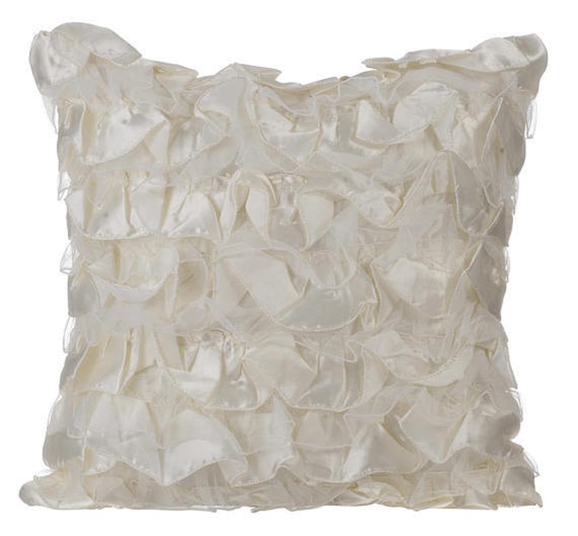 The HomeCentric Ivory Decorative Cushions Cover, Vintage Style Ruffles Shabby Chic 40x40 cm (16x16 inch) Cushion Cover, Square Satin Cushions Cover for Couch, Solid, Solid - Vintage Heaven