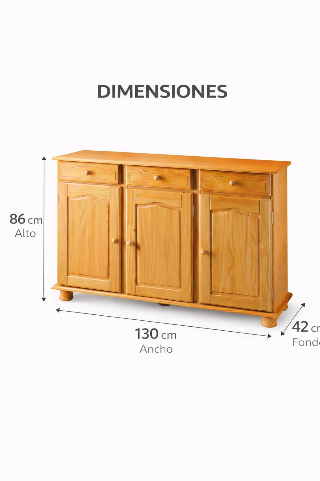 Moblit, Aparador 3 Puertas y 3 Cajones, Pino Macizo, Color Miel, Serie Canet 86x130x42 cm, (AltoxAnchoxFondo)