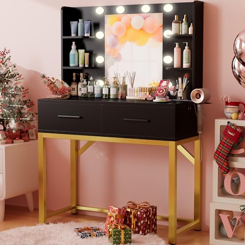 Image of Furmax Vanity Desk with Mirror and Light Bulb, Small Makeup Vanity Table with Drawers, Dressing Table with Power Outlet and Hair Dryer Holder for Bedroom (Black & Gold)