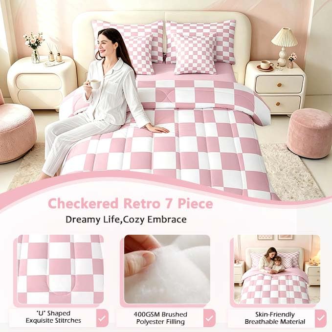 Image of Feelyou Checkered 7 Piece Bedding Set Teen Women Men Pink Plaid Comforter Set with Sheets Queen Size Kids Boys Cute Retro Neutral Checkerboard Geometric Bed in a Bag Vintage Aesthetic Room Decor