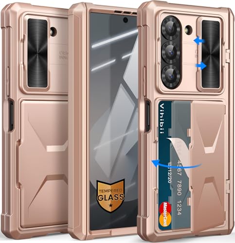 Image of Vihibii for Samsung Galaxy Z Fold 6 Case with Card Holder & Camera Cover & Hinge Protection & Screen Protector, [Military Grade Drop Protection] Heavy Duty Rugged Wallet Case for Z Fold 6, Rose Gold