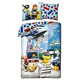  Halantex Bettwäsche Bettgarnitur Kinder 2 TLG. Set Lego City Polizei Feuerwehrmann 140x200 +Kissenbezug Blau Weiß 100% Baumwolle Öko-Tex