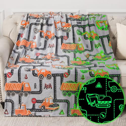 Image of Kids Boys Construction Excavator Gifts Toys - Glow in The Dark Truck Blanket Birthday Christmas Valentine's Easter Gift for Age 1 2 3 4 5 6 7 8 9 10 Years Old Teen Toddlers Car Plush Throw 50"x60"