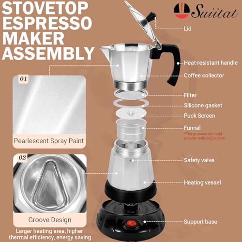 Image of Silver Aluminum Electric Moka Pot, 3 or 6 Cups Espresso Maker with Dose Reduction Plate