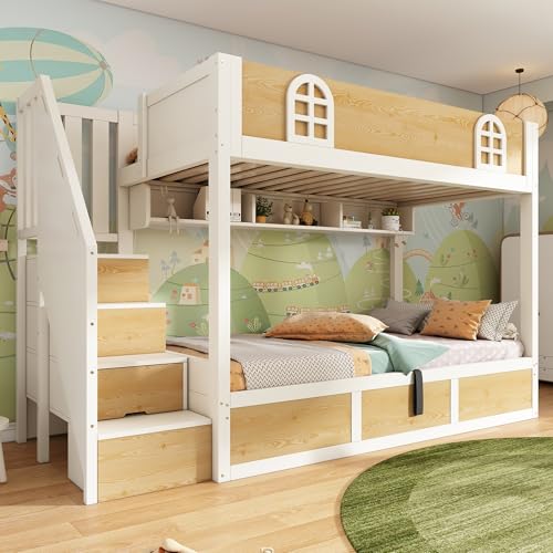 VIEKOS Litera infantil de 90 x 200 cm con armario para escaleras y espacio de almacenamiento, cama doble en color blanco y natural con barandilla de seguridad y somier de láminas, cama para dos niños