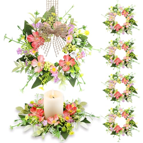 Jexine 8 Pieces Spring Summer Artificial Flowered Wreath Mini Floral