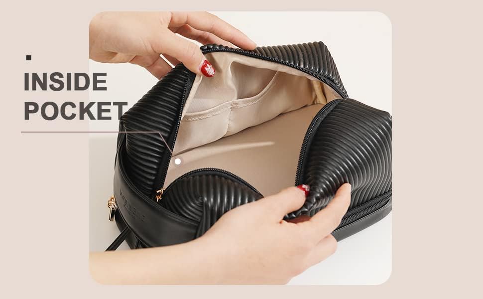 Miniatura 3 de Bolsa de maquillaje, bolsa de viaje grande de doble capa impermeable con asa y compartimento para cepillos para mujeres, Negro -, Color puro