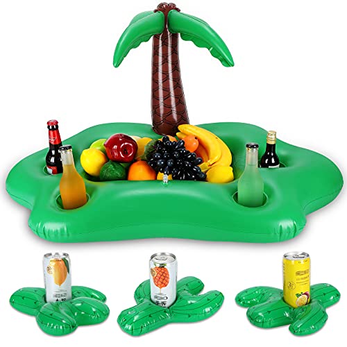 Qualirey Inflatable Drink Holder Set Including 3 Pieces Cactus Drink Holder and 1 Piece Inflatable Coconut Tree Drink Holder Cooler Pool Float Party Accessories for Boy Girl Adults Water Fun Supplies