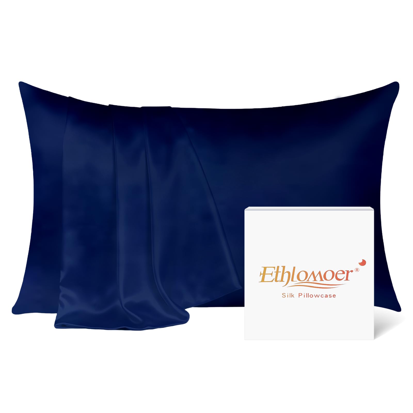 Ethlomoer Natural Pure Silk Pillowcase for Hair and Skin, Both Side 19mm, Hypoallergenic, 600 Thread Count, Smooth Silk Pillow case with Hidden Zipper, Gifts for Women Men, 50x75 cm (Navy)