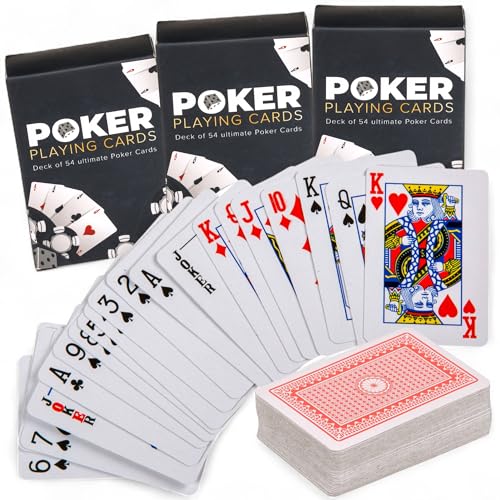 MIJOMA Mini-Pokerkarten 3er-Set – 54 Karten pro Deck, ca. 6 x 4 cm – Spielkarten für unterwegs, Reisen, Partys, Spieleabende – klassisches Pokerdesign