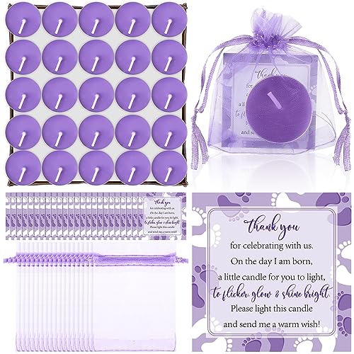 Bougies de fête prénatale violettes et sachets organza pour souvenir invité