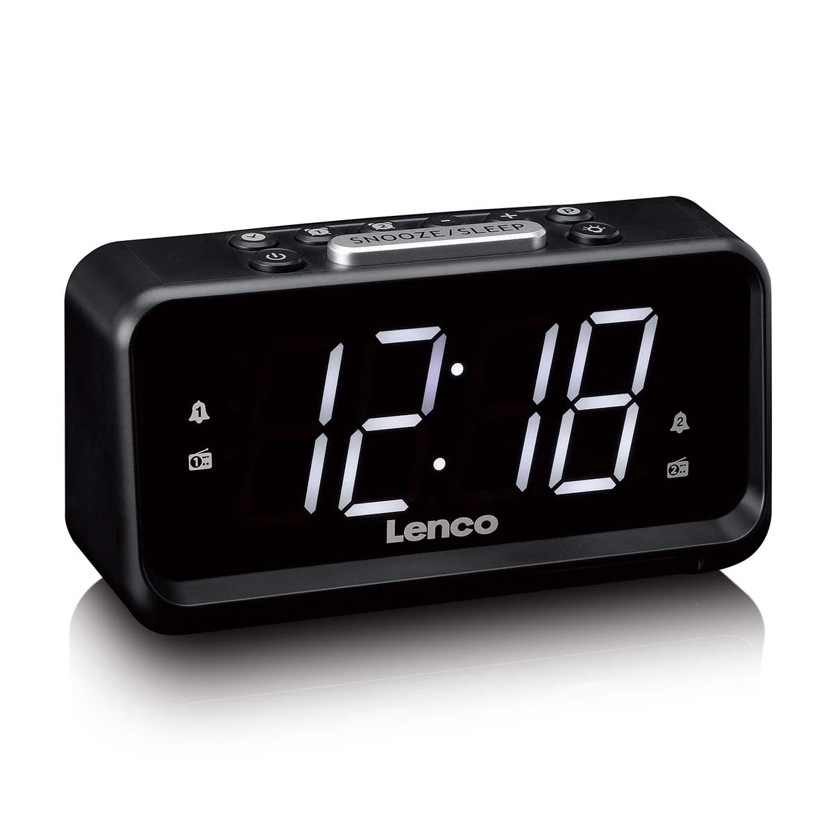 Lenco Radio Despertador con Pantalla LED, 18 x 9,7 x 7,8 cm, Negro, Digital, Doble Alarma, luz Nocturna, Carga USB, alimentación de Red