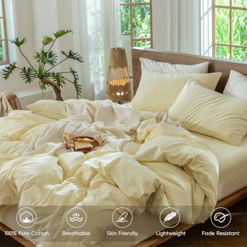 Image of MooMee Striped Duvet Cover Set 100% Washed Cotton Linen Like Queen | Relaxed Linen-like Texture. Soft, Breathable & Long-lasting Comfort. Lightweight. Hidden Zipper with 8 Interior Corner Ties