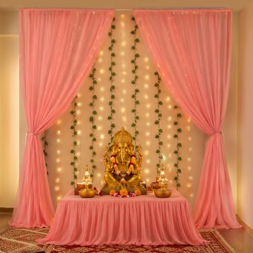 Image of SpecialYou Ganpati Decoration Setup for Home Decor with Pink Backdrop Cloth for Decorations Pooja & Green Vines Wall Decor Items for Living Room, Ganpati Decoration Item- 9Pcs