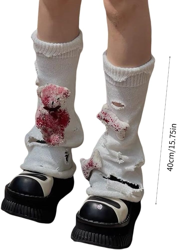 Women Gothic Punk Ripped Hole Flared Leg Warmers 3D Bloody Bear Knit Boot Cover