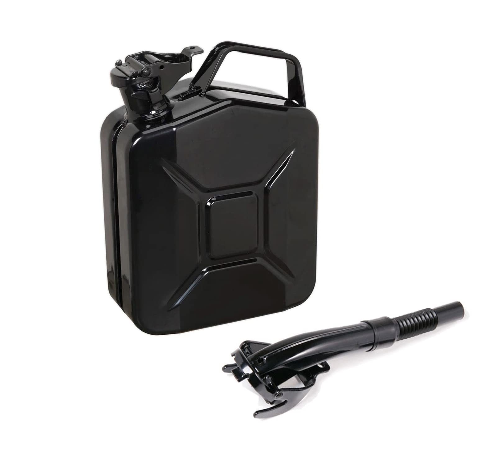 BLACK 5L Metal Jerry Can + Black Spout - for Gardening Lawnmower Strimmer etc. Fuel Petrol Diesel etc