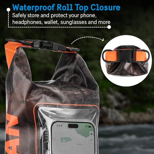 Image of Pelican Marine IP68 Waterproof Dry Bag 2L w /Phone Pouch /Case - Hunter Camo | Roll Top Waterproof Backpack with Touchscreen Phone Pouch - Swimming, Kayaking, Camping, Rafting, Fishing & Travel Essentials