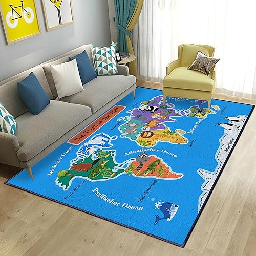 Kyhlten Kinder Teppich Kinderzimmer Weltkarte 100x150 cm, Tiere in der Welt Blau Spielmatte...