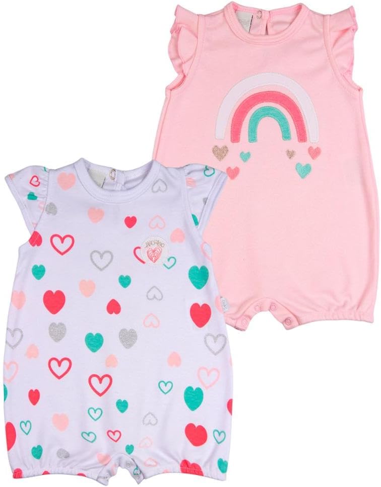 Macacao Bebe Menina Suedine Curto Estampado e Liso Kit Macacão Suedine Verao Algodao Corações 2 Pç – Rosa