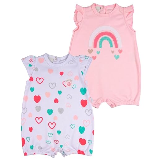 Macacao Bebe Menina Suedine Curto Estampado e Liso Kit Macacão Suedine Verao Algodao Corações 2 Pç - Rosa
