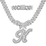JNCTCOE Cuban Link Chain for Women Cursive Silver Initial 14MM Diamond Prong Cuban Chain Hip Hop Iced Out Chain Necklace Butterfly Initial Letter Name Necklaces for Women (K, Silver)