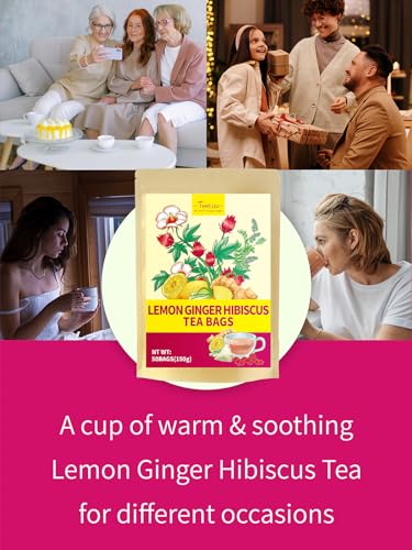 Image of TeeLux Lemon Ginger Hibiscus Tea Bags, Smooth Taste, Caffeine Free, 50 ct | Herbal Tea Blend with Lemongrass, Ginger, Hibiscus & Licorice, Fresh Lemon Aroma, Layered Tart & Spicy Notes, Hot or Iced