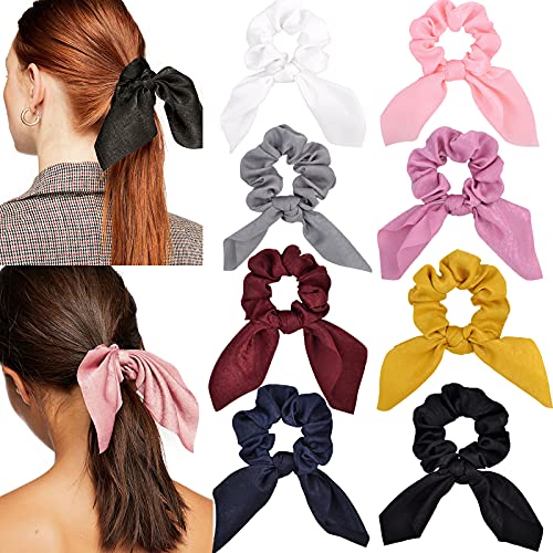 8PCS Satin Silk Hair Scrunchies Rabbit Bunny Ear Bow Bowknot Scrunchie Bobbles Elastic Hair Ties Bands Ponytail Holder for Women Accessories